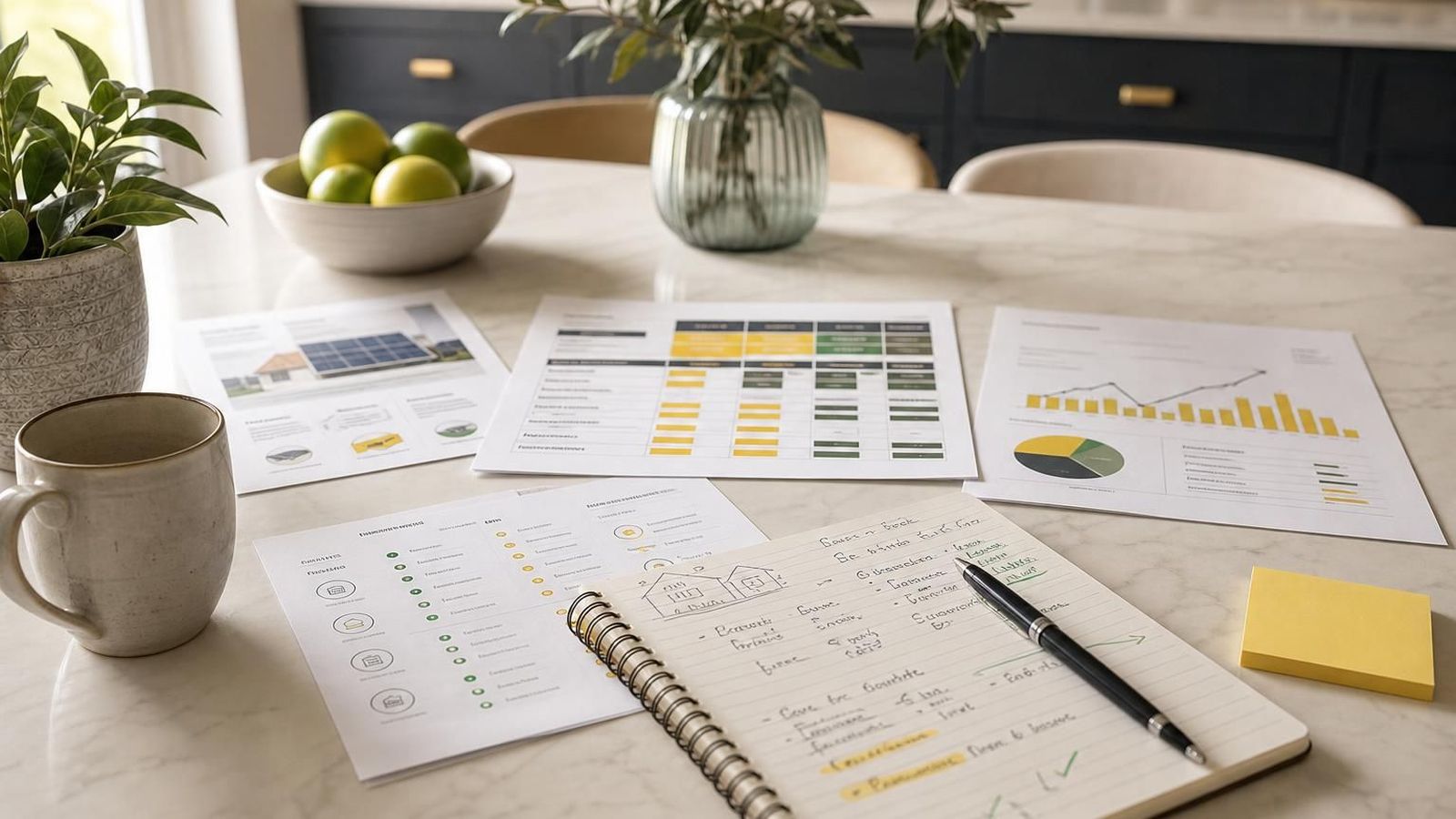 Solar quote comparison notes on a kitchen table