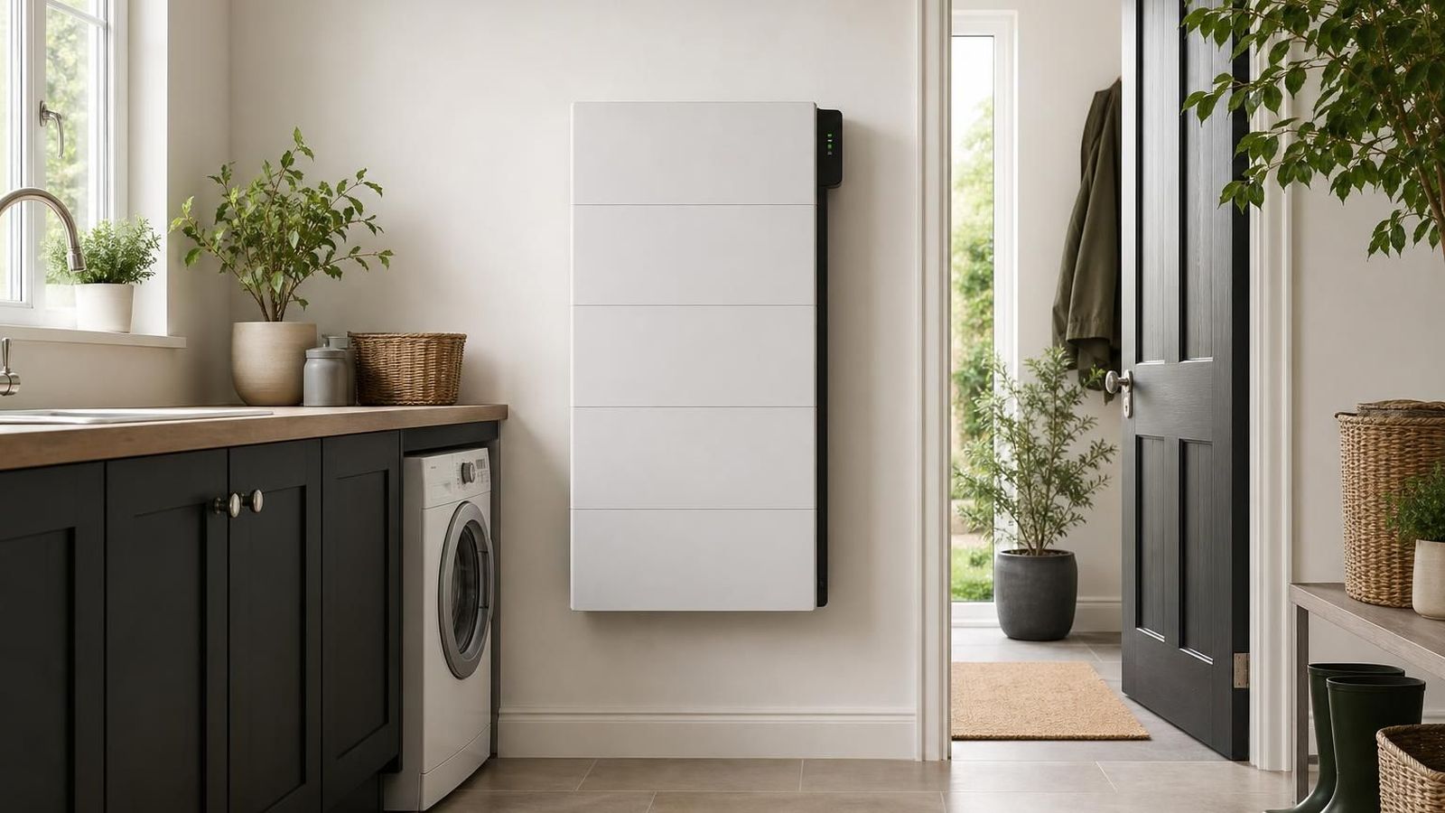 Wall mounted home battery storage unit in a utility room