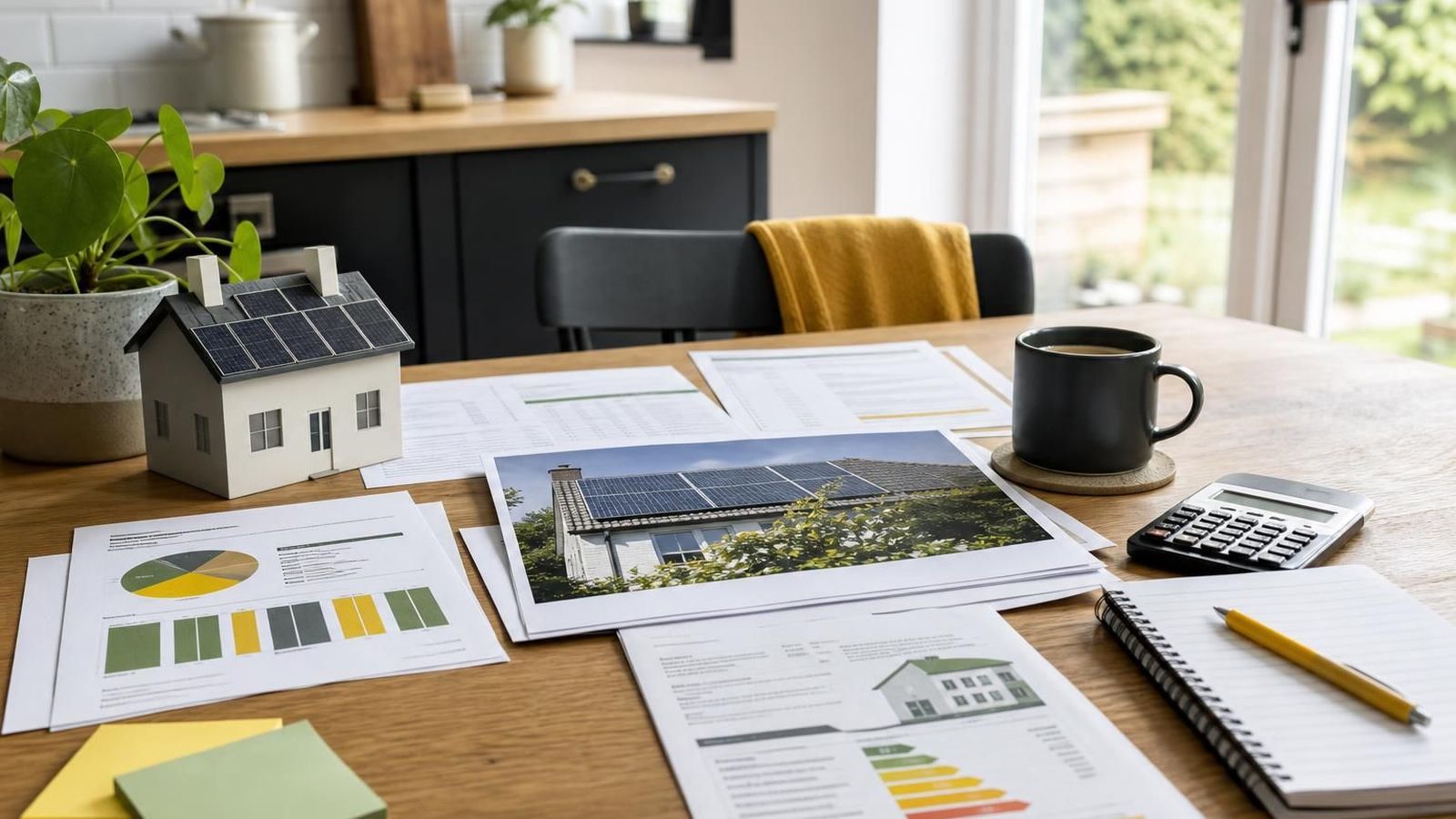 Home energy paperwork beside a roof solar estimate
