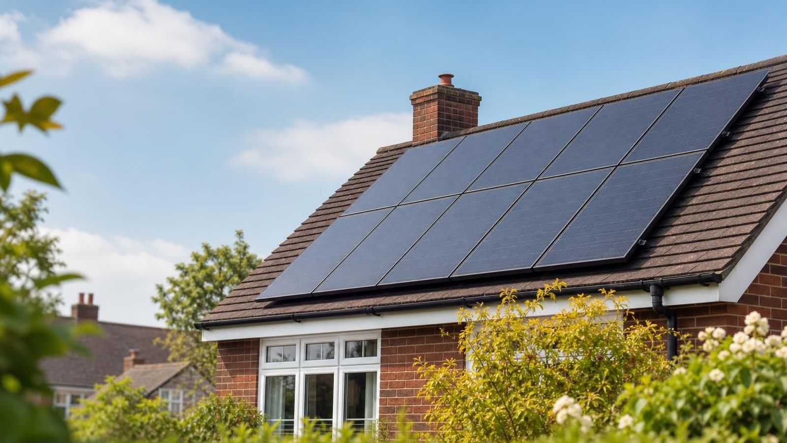 Solar panels fixed to rails on a tiled UK roof
